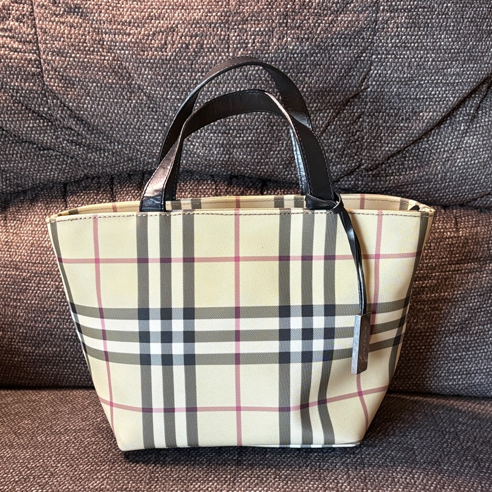 Burberry Beige Check Tote  Small with Black Handles